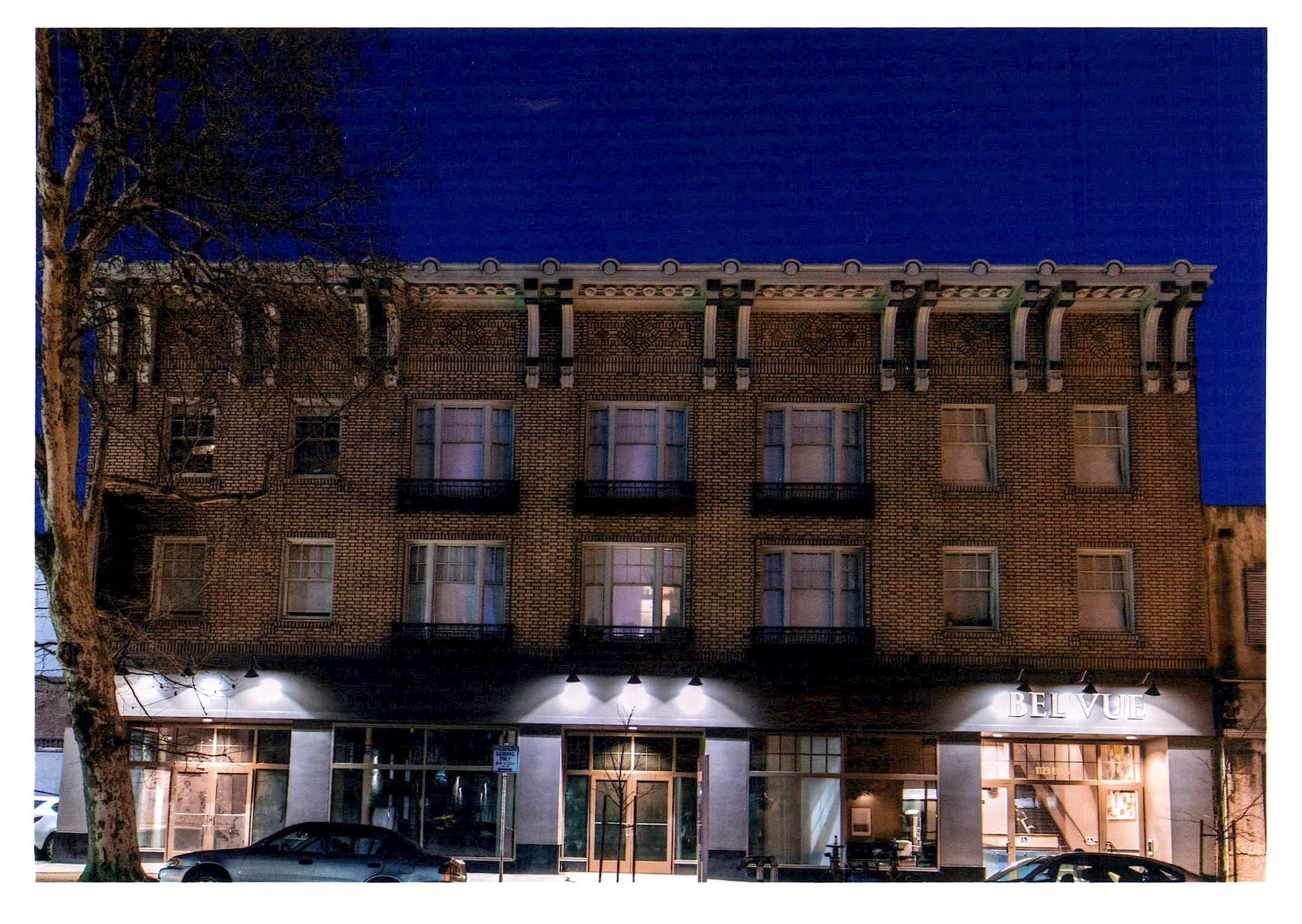 Bel Vue street facade at night